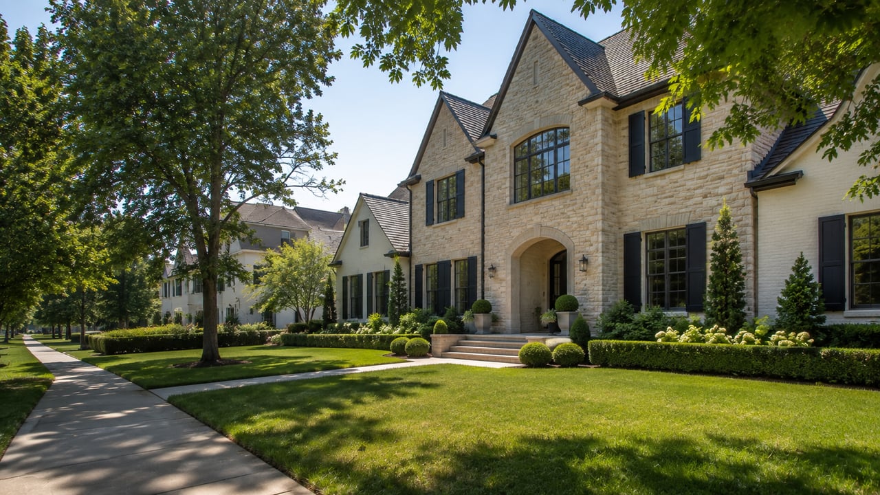 A luxury home in an upscale Tennessee neighborhood featuring timeless stone architecture, mature trees, manicured landscaping, and a walkable residential setting near highly rated school zones.