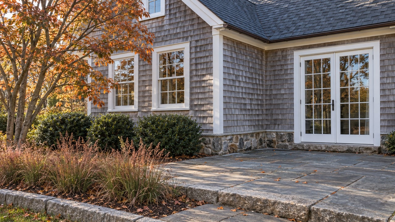 Weathered cedar-shingle house corner with white divided-lite windows, bluestone terrace, and copper-leaved serviceberry.