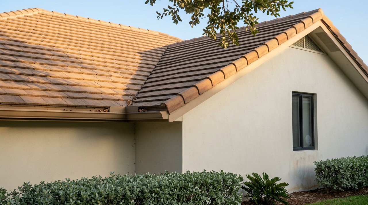 Terracotta barrel-tile roof eave above an off-white stucco gable, framed by live oak leaves and clipped hedge.
