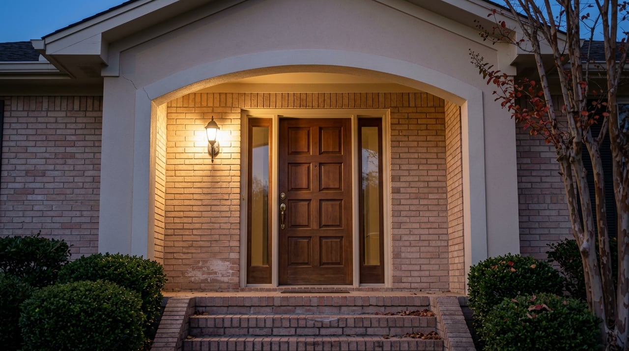 Recessed arched brick entry with a walnut door, glowing wall sconce, and steps at dusk.