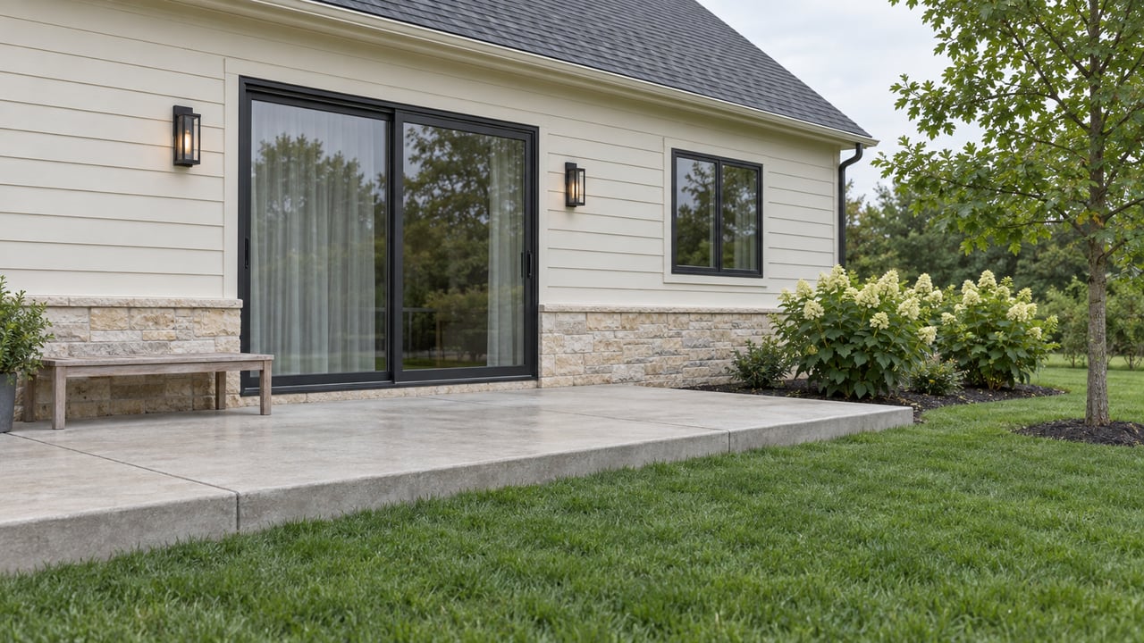 House’s rear facade with a glass slider, concrete terrace, teak bench, and lawn edged by hydrangeas.