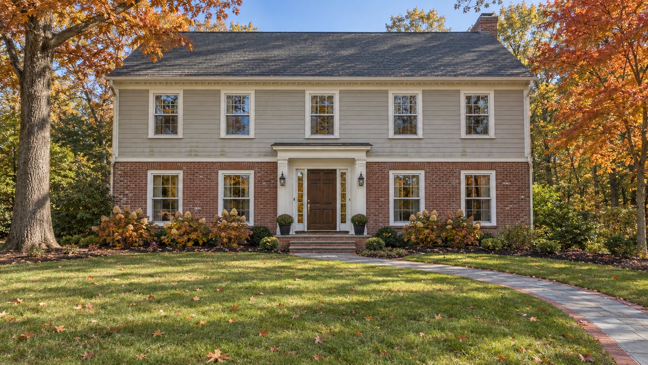 Traditional brick and gray clapboard home across a broad autumn lawn, framed by a red oak and sugar maple.