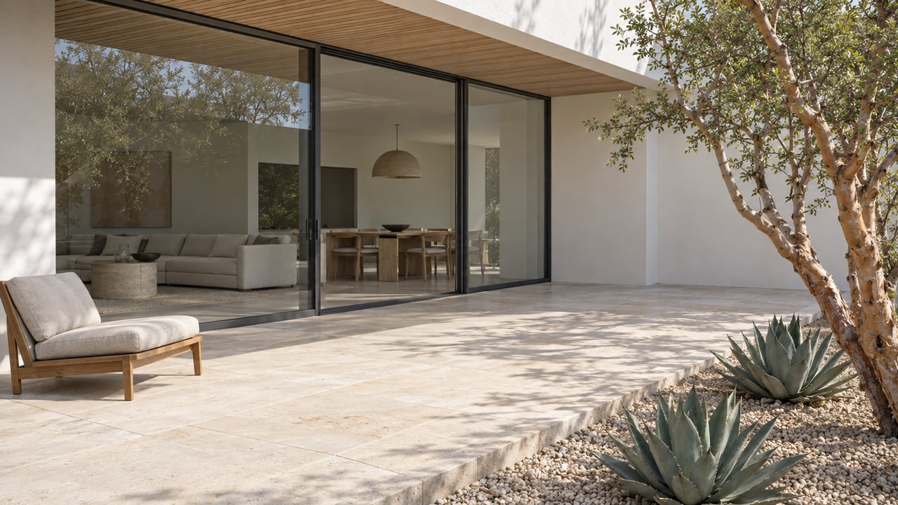 White stucco terrace with full-height glazing, pale limestone paving, a teak lounge chair and a stone-edged desert planting bed.