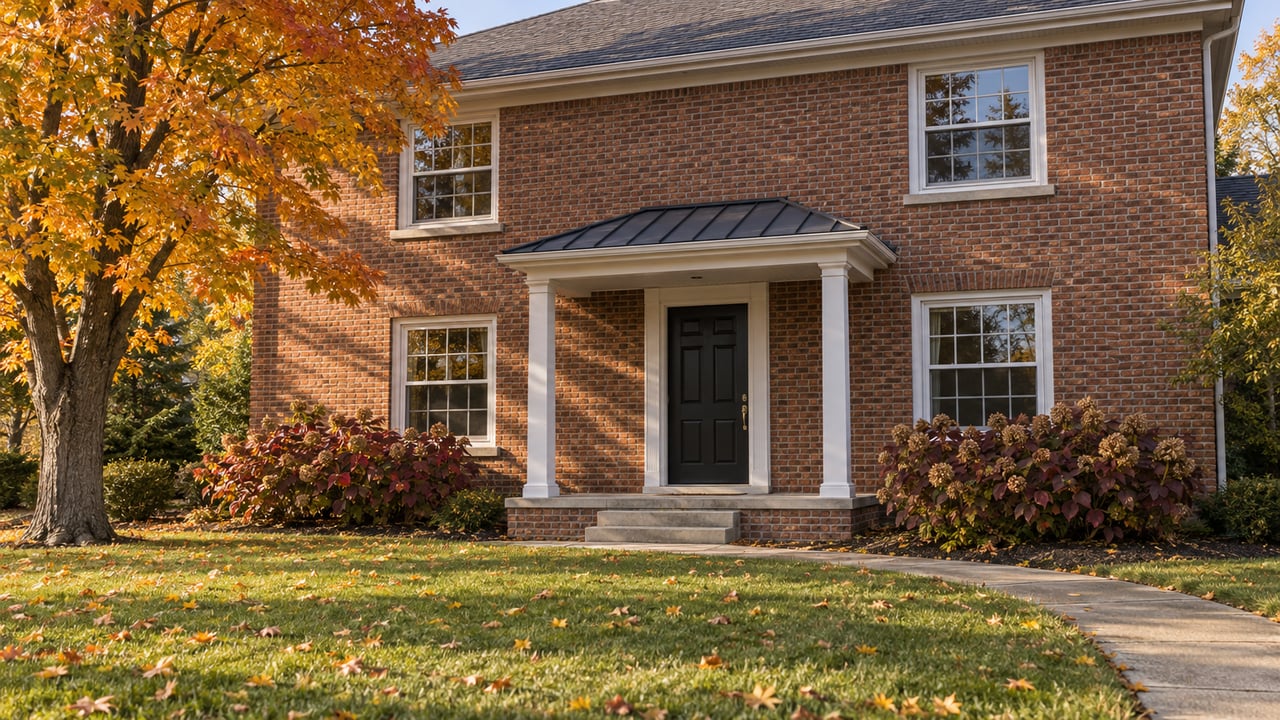 Brick-front home with a covered entrance, deep green lawn and orange-gold sugar maple in autumn afternoon light.
