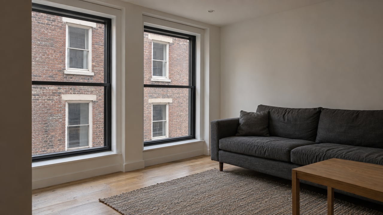 Compact condo living room with black-framed windows facing a close red-brick building.