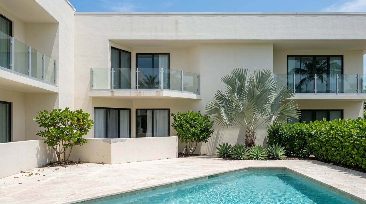 Condominium facade with stacked glass-railed balconies overlooks a turquoise pool beside a silver-blue fan palm.