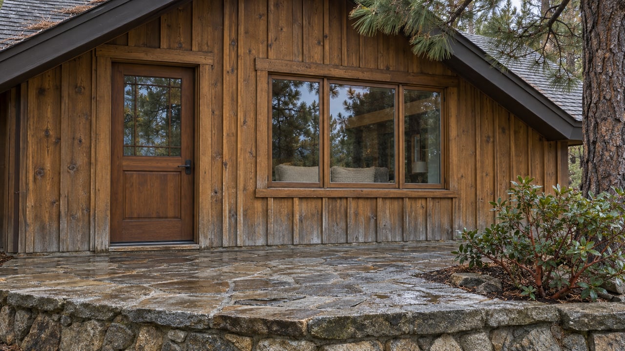 Cedar cabin entry with a glazed wood door, broad window and weathered stone landing beside a pine and red-barked shrub.