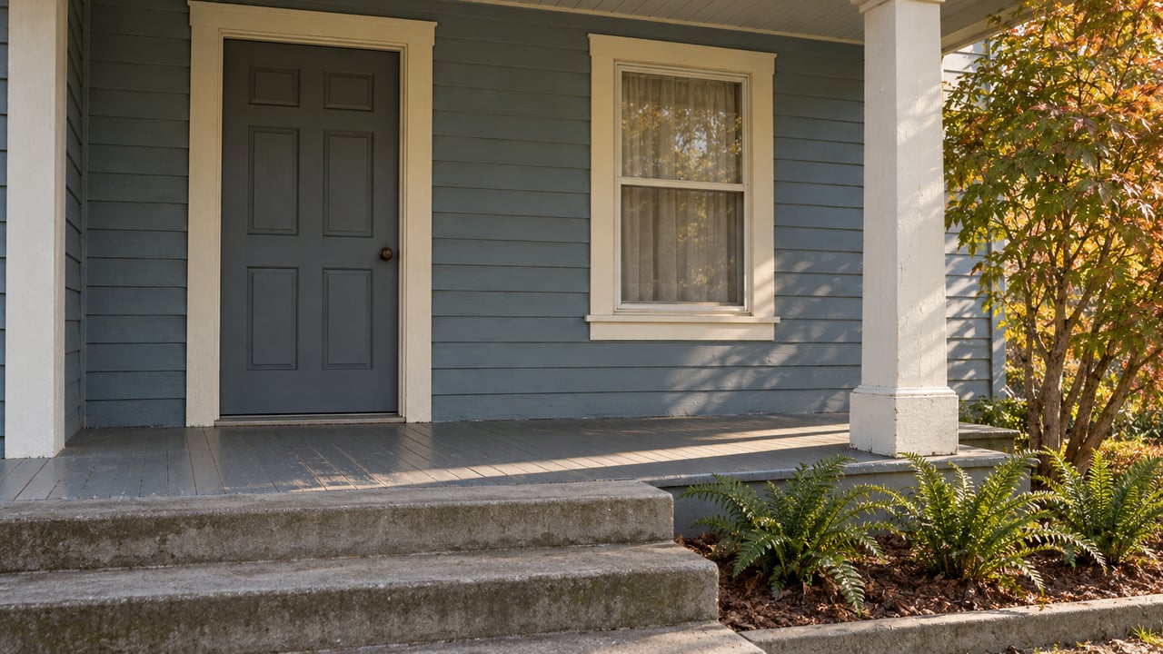 Blue wood siding, a cream-trimmed front door and sash window on a modest covered porch, with worn concrete steps and autumn planting.