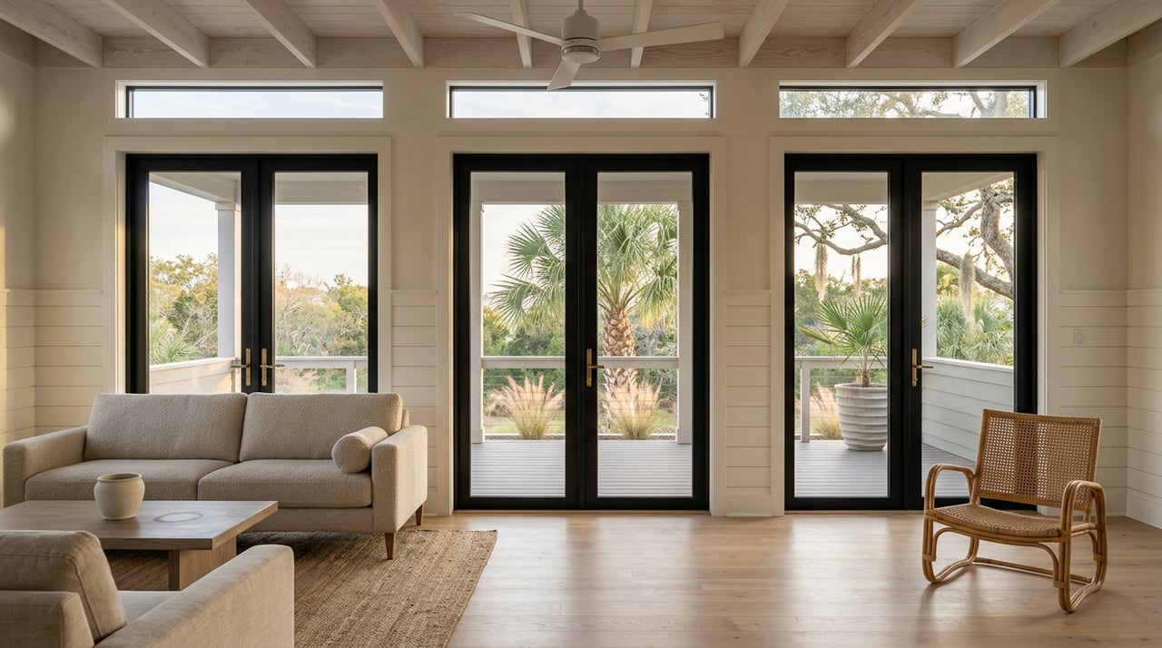 Coastal great room with sunlit oak floors, glass doors, oatmeal sofa, and porch palm.