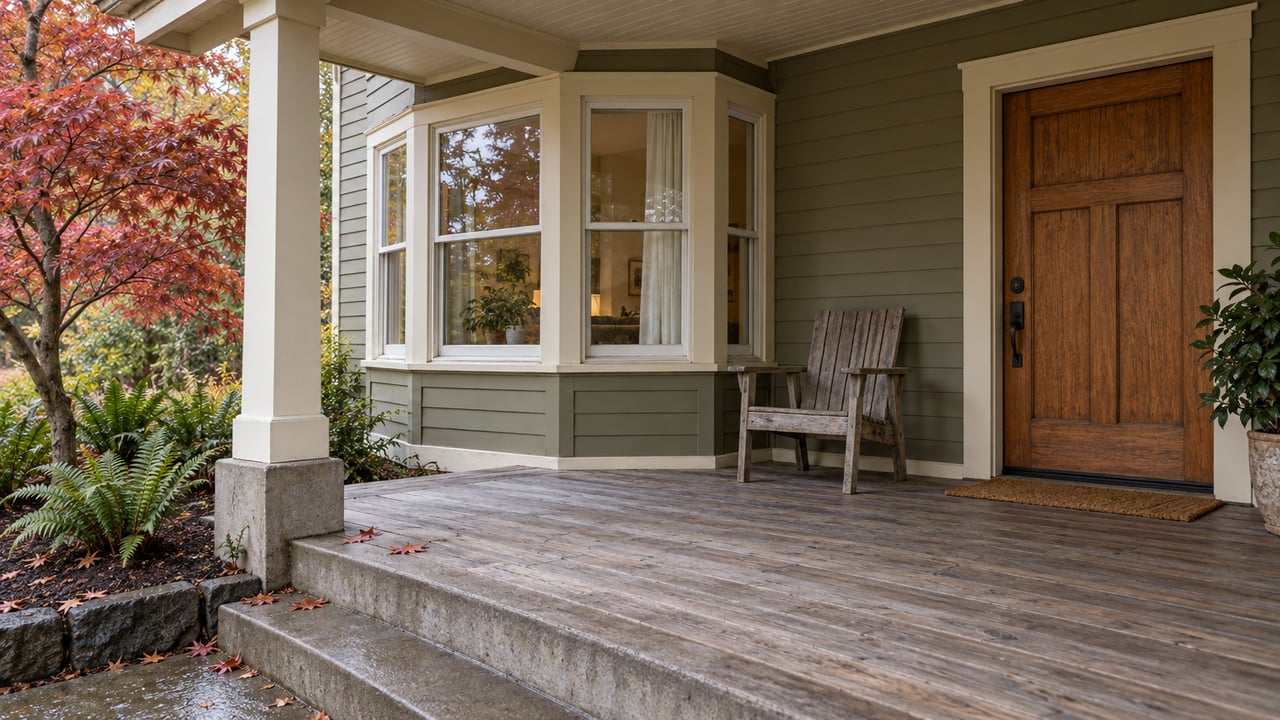 Covered porch of an established cedar-sided home with a glazed bay window, weathered wood decking, and autumn maple foliage.