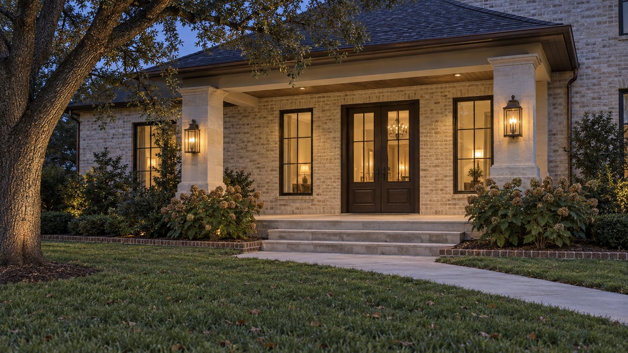 Blue-hour view across a deep lawn toward a pale brick home with a limestone porch, warm windows, and a mature oak.
