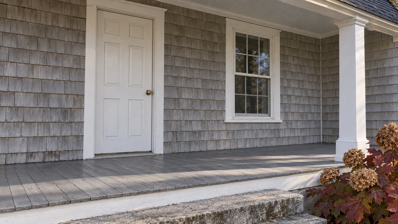 Weathered pale-gray shingle house entry with white trim, a raised painted porch, granite step and autumn oakleaf hydrangea.