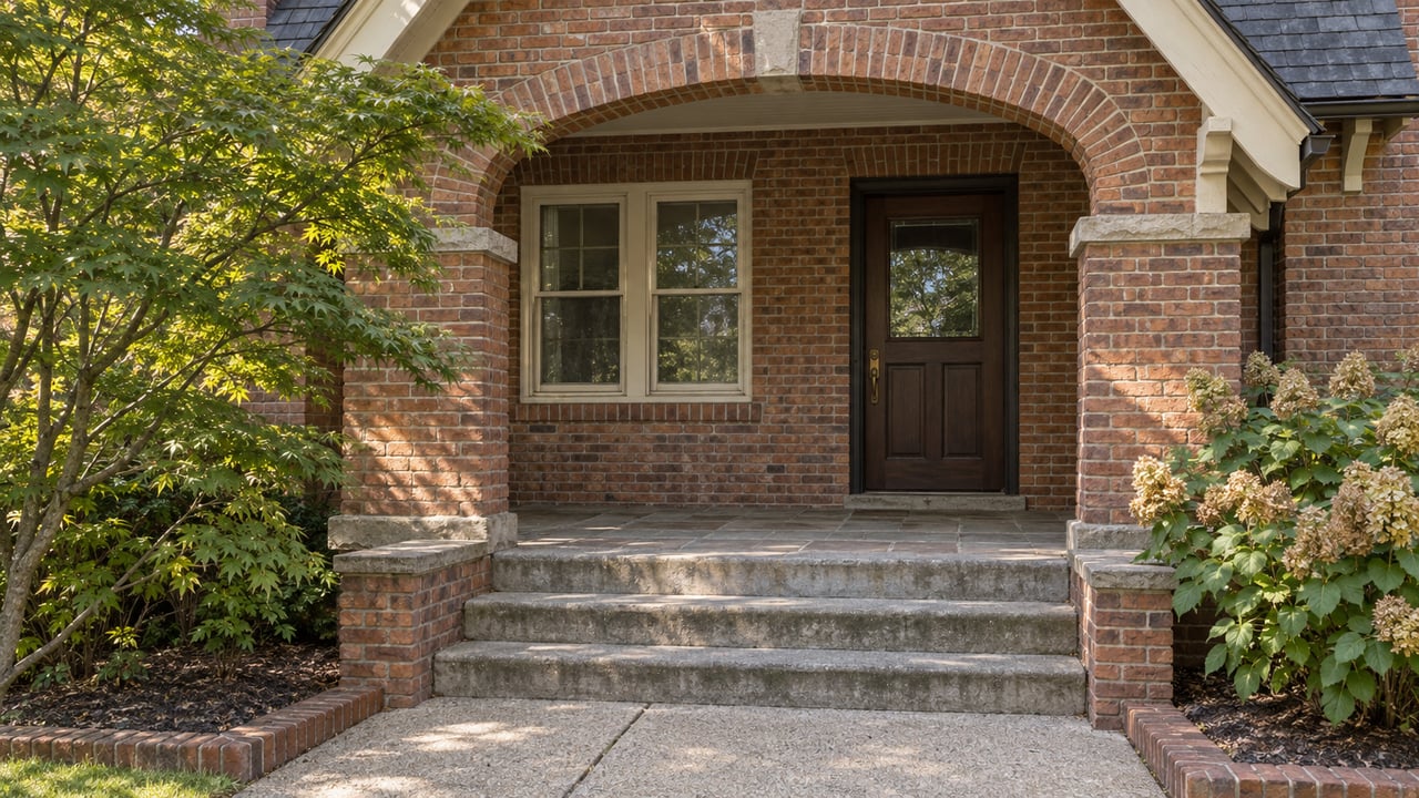 Sunlit brick home with an arched porch, weathered stone steps, a Japanese maple and oakleaf hydrangeas.