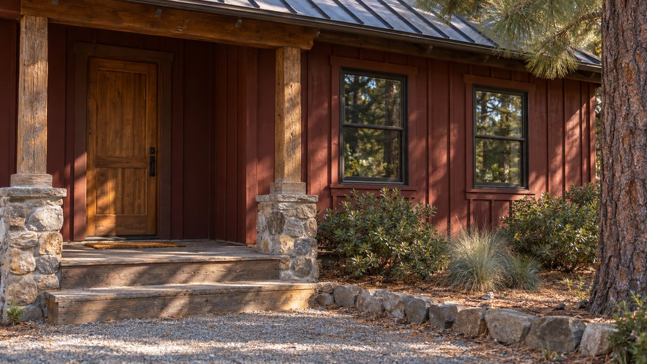 Weathered red timber cottage with a covered entry, two windows, stone steps, and pine branches overhead.