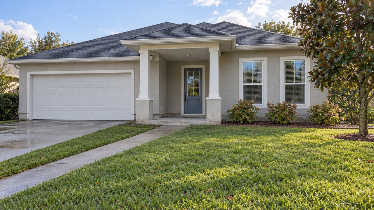 Light stucco single-story home with a covered porch, broad green front lawn, concrete walk and mature magnolia.