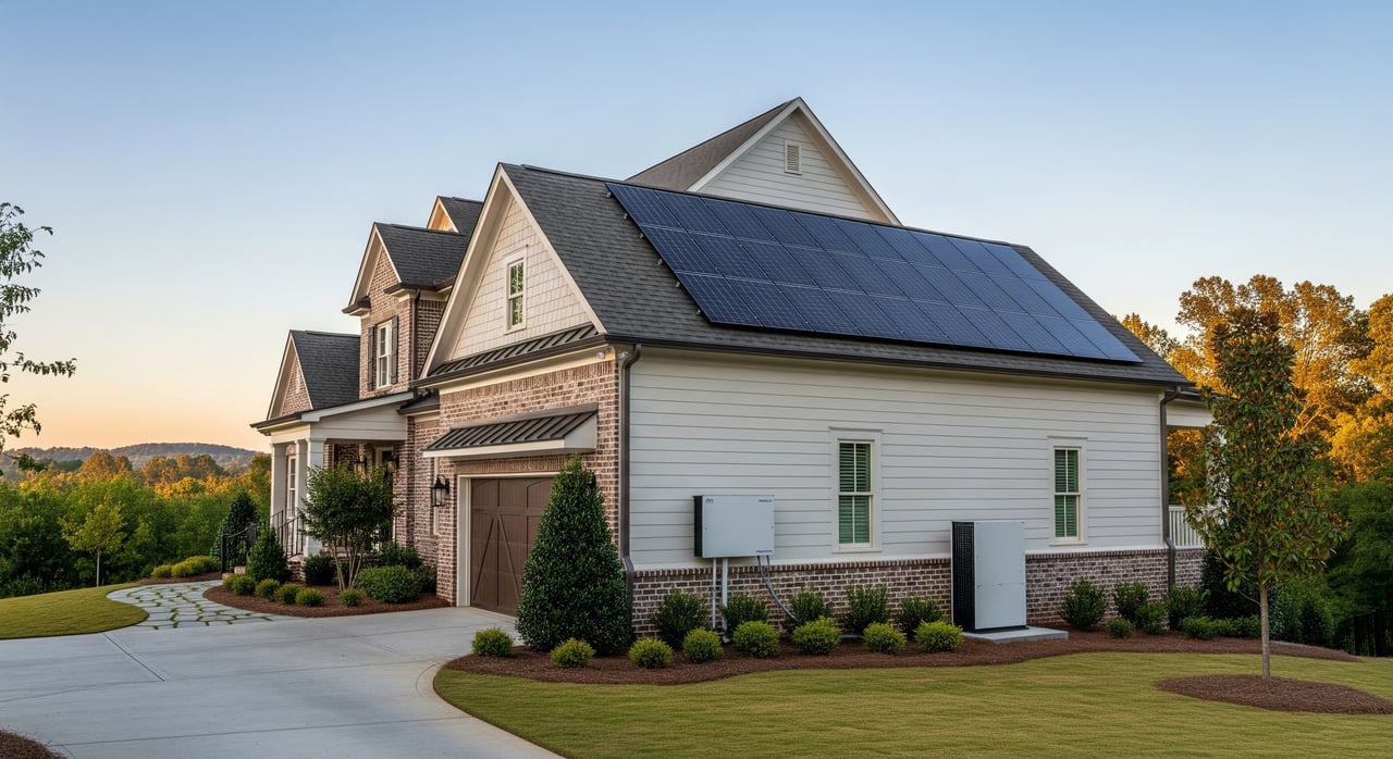 Suburban house with a large rooftop solar array, white siding, brick accents, and landscaped lawn.