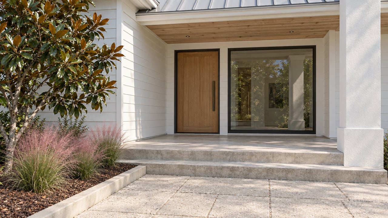 Sunlit covered entry of a white coastal home with an oak door, bronze-framed window, shell-aggregate steps and flowering pink muhly grass.