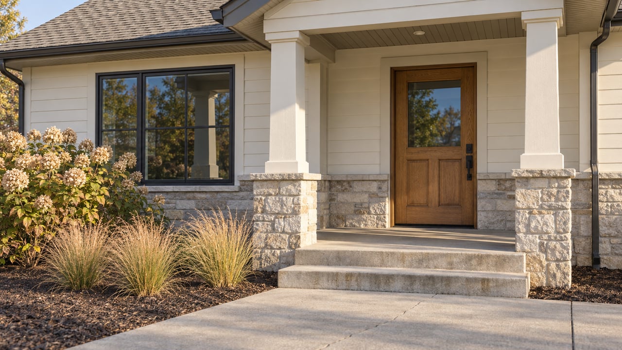 Sheltered home entrance with ivory siding, limestone base, oak door and autumn planting beside a concrete approach.