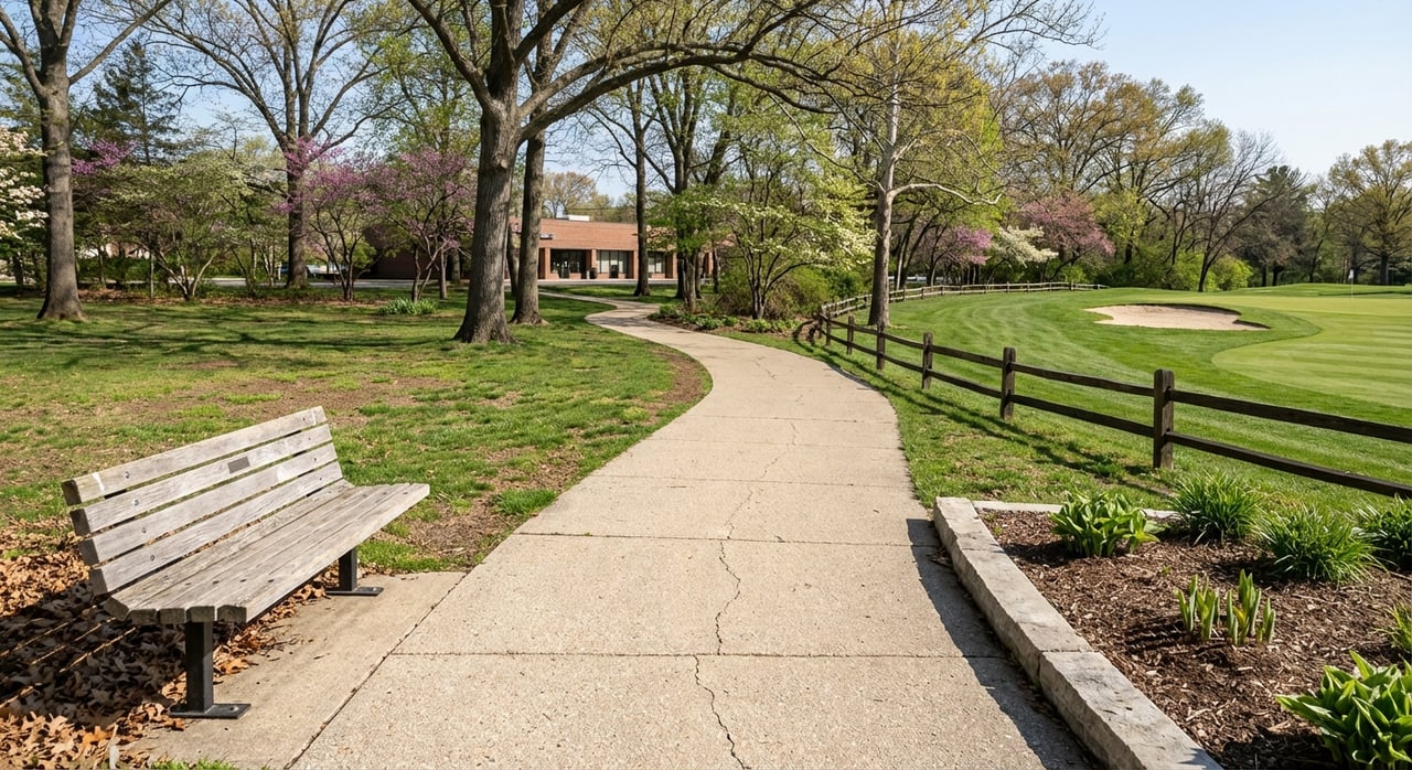 Spring park path beneath mature trees, beside manicured golf-course turf.
