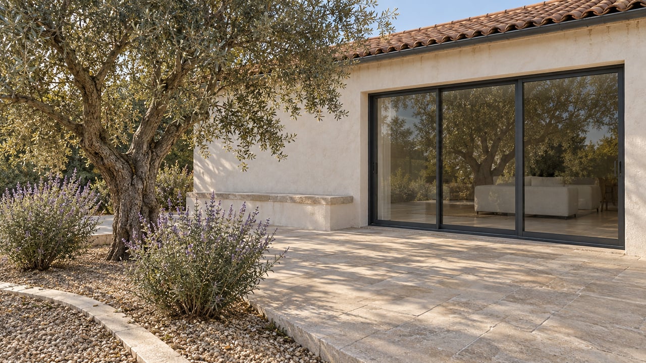 Sunlit limestone terrace beside a warm stucco home with terracotta roof tiles, closed glass doors and a mature olive tree.