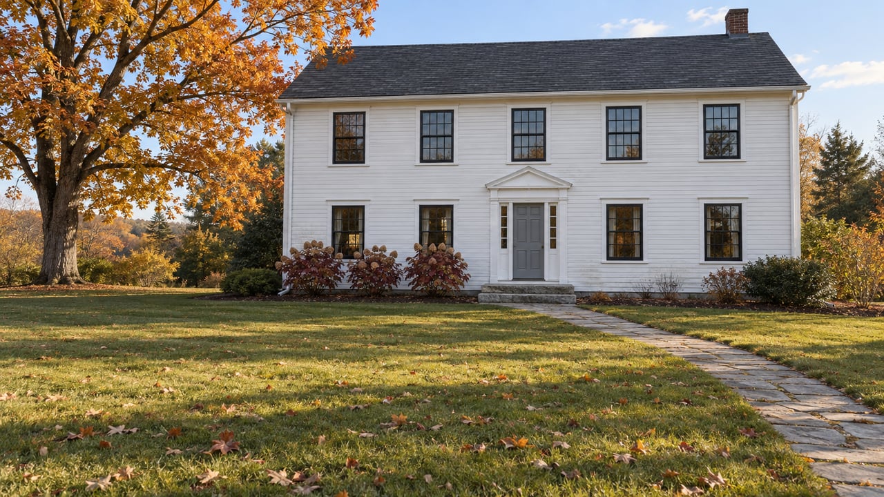 White clapboard house with black window sashes across a broad autumn lawn, beside an orange-leaved maple and a curved stone approach.
