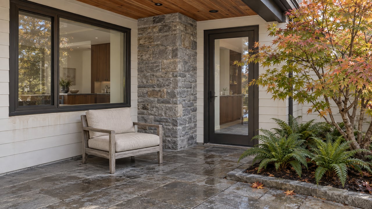 Covered terrace with cedar soffit, warm-white siding, bronze-framed glazing, a teak chair and a vine maple beside stone paving.