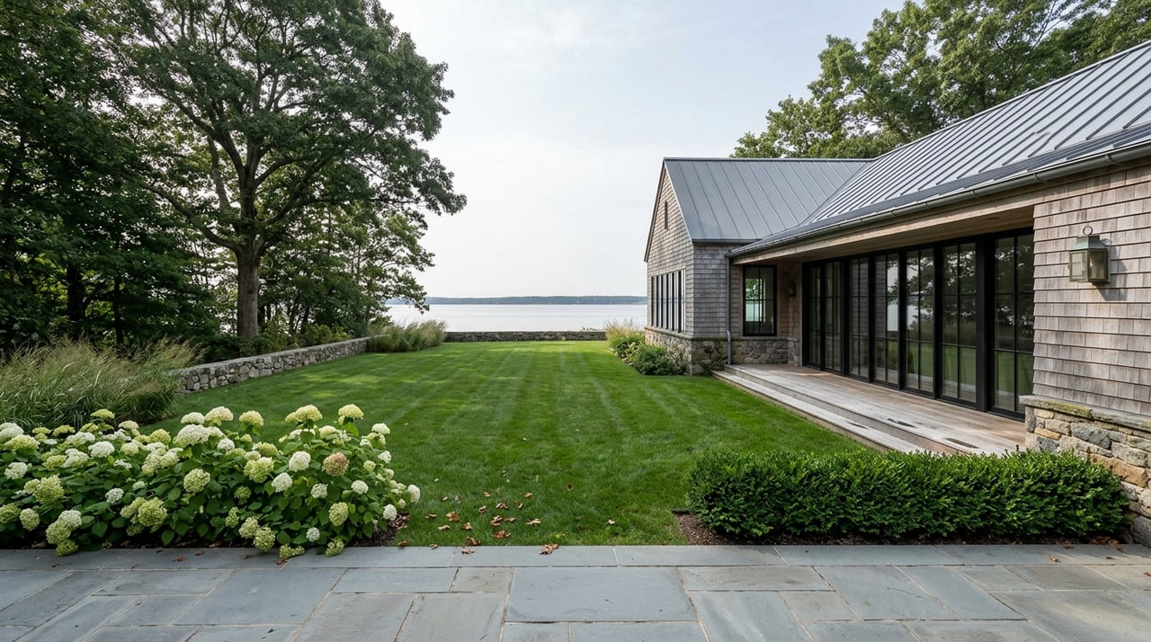 Shorefront home with silver-gray cedar shingles, a covered porch, and black-framed windows beyond a broad lawn.
