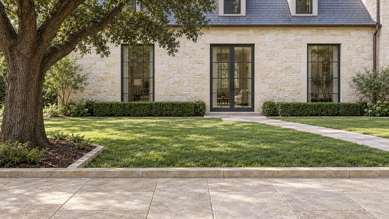 Limestone home with dark divided-light windows facing a broad garden lawn and limestone terrace beneath a mature live oak.