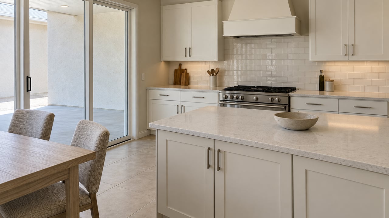 Light-filled kitchen with a pale quartz island, white cabinetry, oak dining furniture and glass doors opening toward a covered stucco patio.