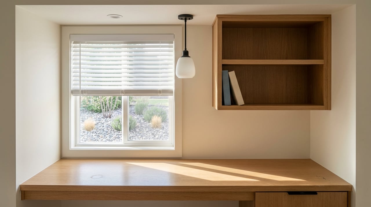 Built-in home-office niche with an oak desk, two books on shelves, and a window overlooking a planted rock bed.