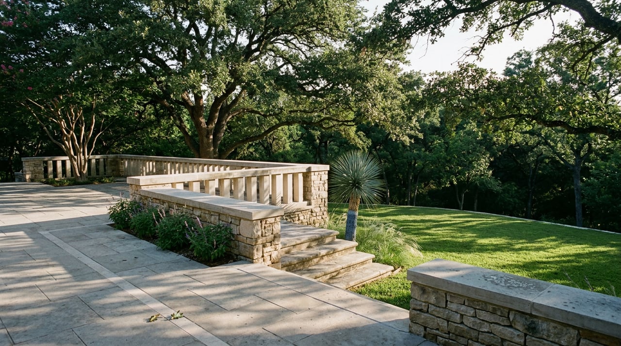 Limestone terrace and fieldstone wall overlook a sloped lawn beneath live oak canopy, with yucca beside the steps.