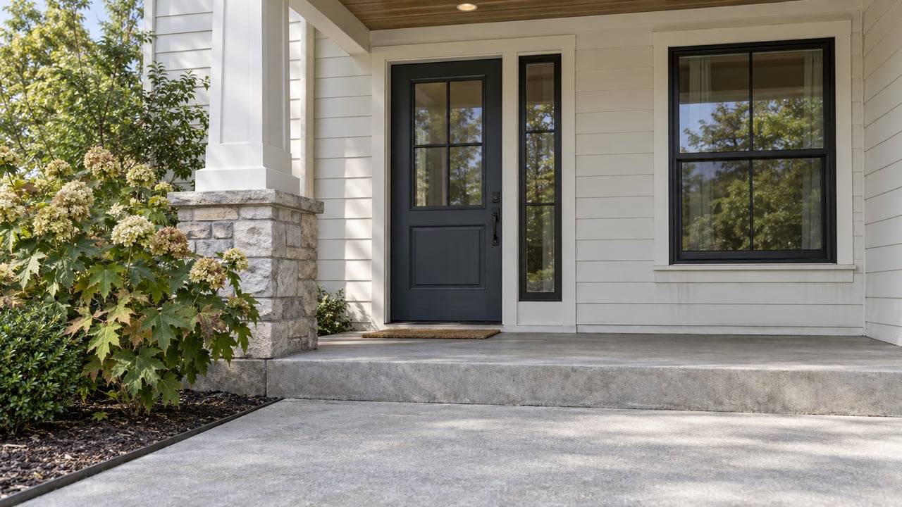 Recessed slate-blue front door with glazed panel, beside a window and oakleaf hydrangea.
