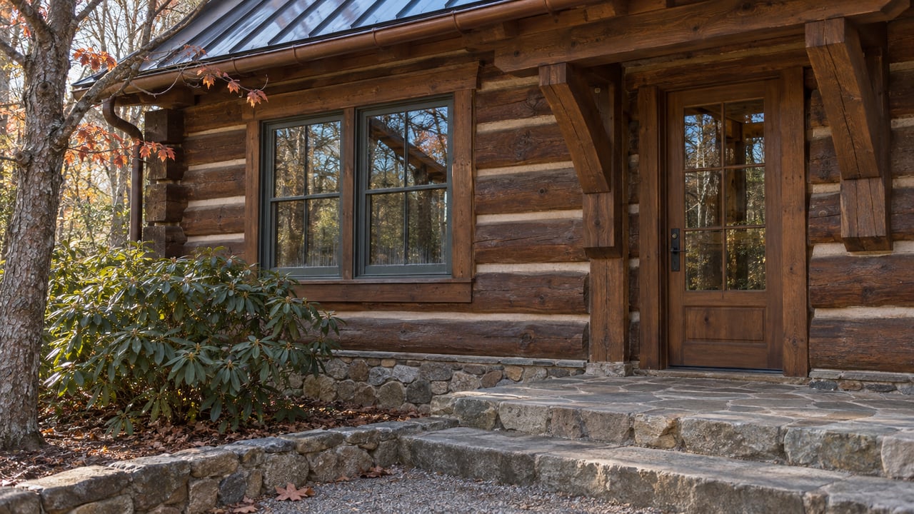 Autumn morning light on a timber lodge entrance with stone steps, weathered log walls and a bare maple.
