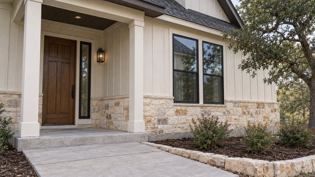Covered entry with a stained wood door, pale stone veneer, off-white vertical siding and a black-framed window beside a concrete walk.