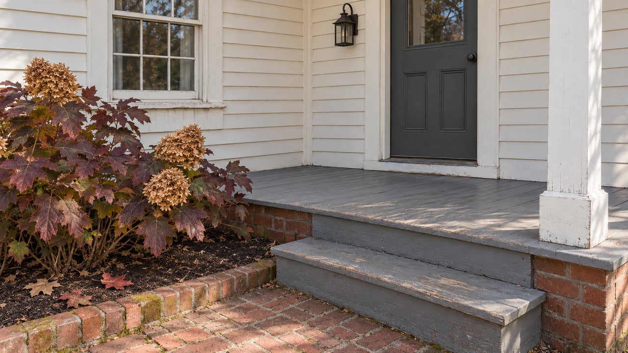 Cream clapboard home with a charcoal entry door, worn gray porch steps, red-brick landing and an oakleaf hydrangea in autumn color.