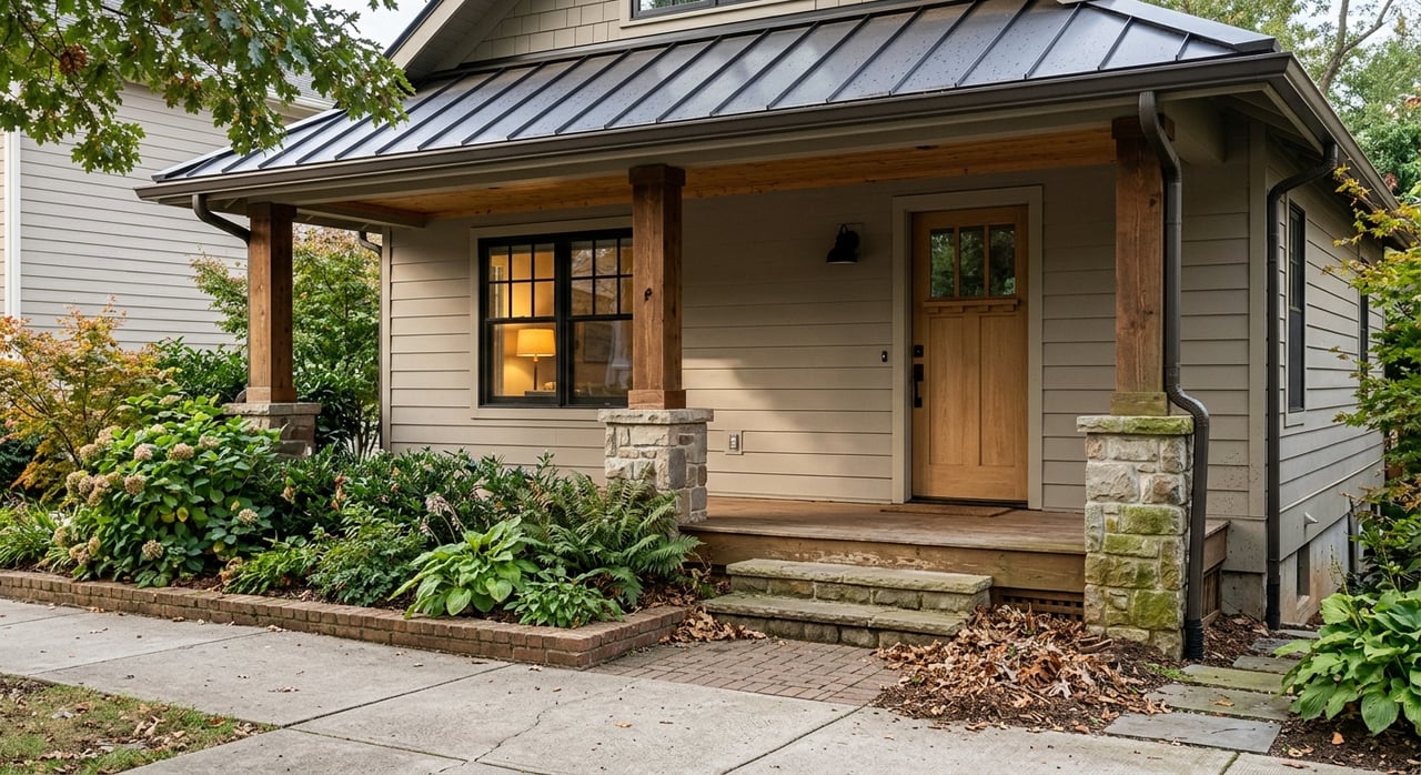 Compact craftsman home with stone porch piers, brick path, and shrubs beside a sidewalk.