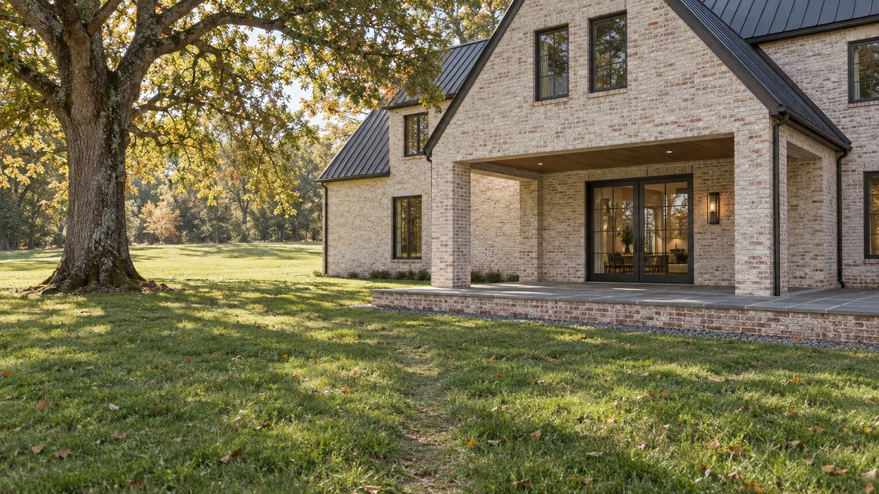 Cream brick house with a covered bluestone terrace and broad lawn beneath a mature oak.