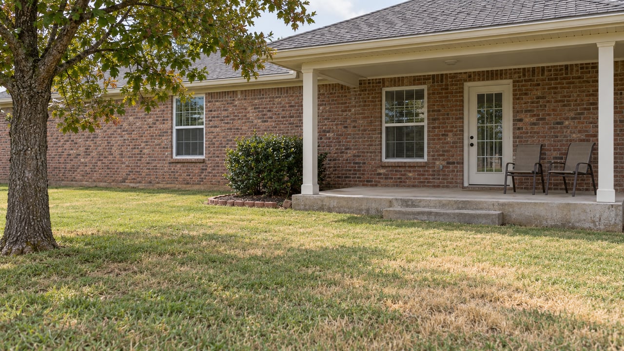 Brick home's covered rear patio beside a shade tree and a lawn with green and straw-colored patches.