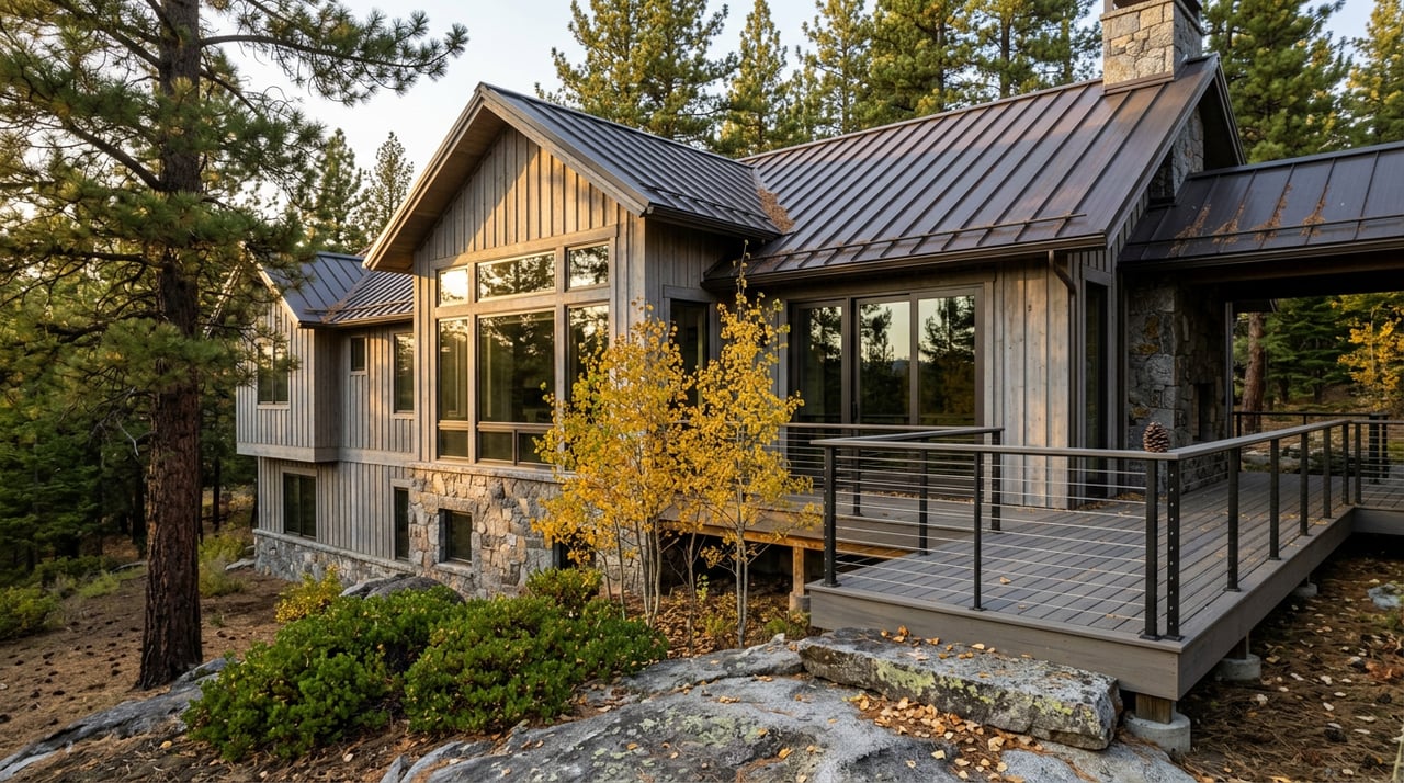 Mountain-modern home with silver-gray cedar siding, granite base, and golden aspens beside its deck.