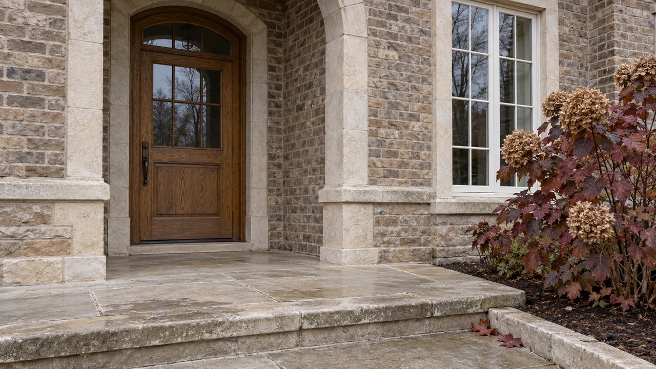 Recessed oak entrance framed by pale limestone and brick, with broad stone steps and burgundy oakleaf hydrangea.