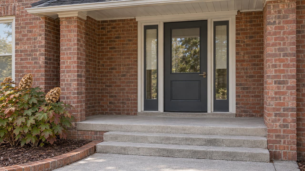 A brick home's covered entrance with a charcoal door, matching glass sidelights, broad concrete steps and an oakleaf hydrangea.