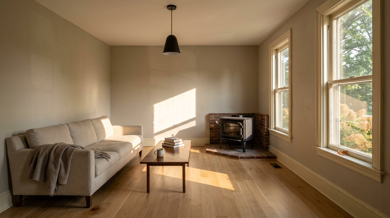 Living room with sofa, wood stove, walnut coffee table, and sunlight across oak floors.