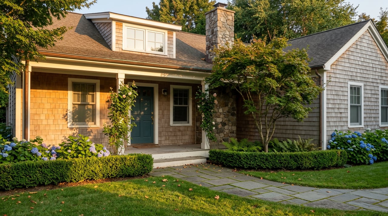 Shingled cottage with a deep porch, blue-green door, curved stone path, and Japanese maple arching over the entry.