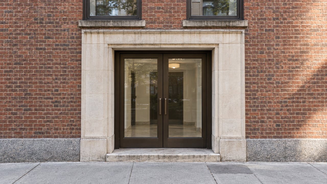 Red-brown brick residential facade with a bronze-framed glass entry, limestone portal, and sidewalk.