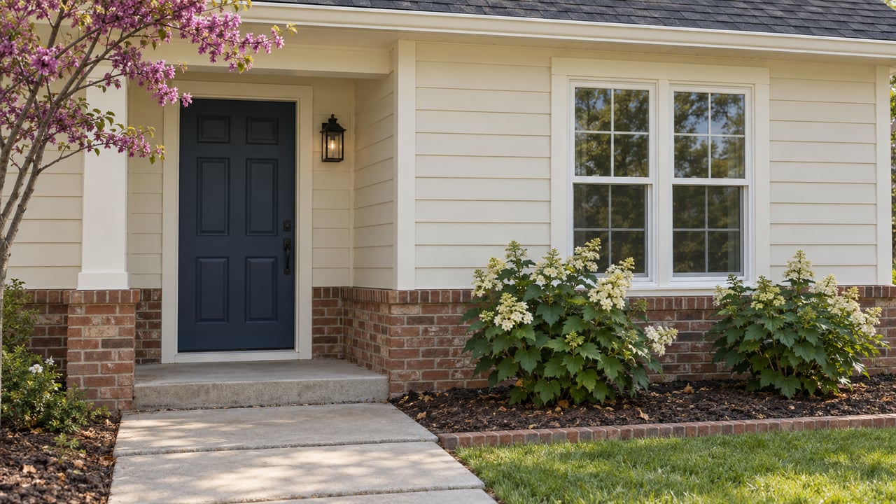 Detached house with a navy entry door, ivory siding, brick foundation, and hydrangeas beneath a window.