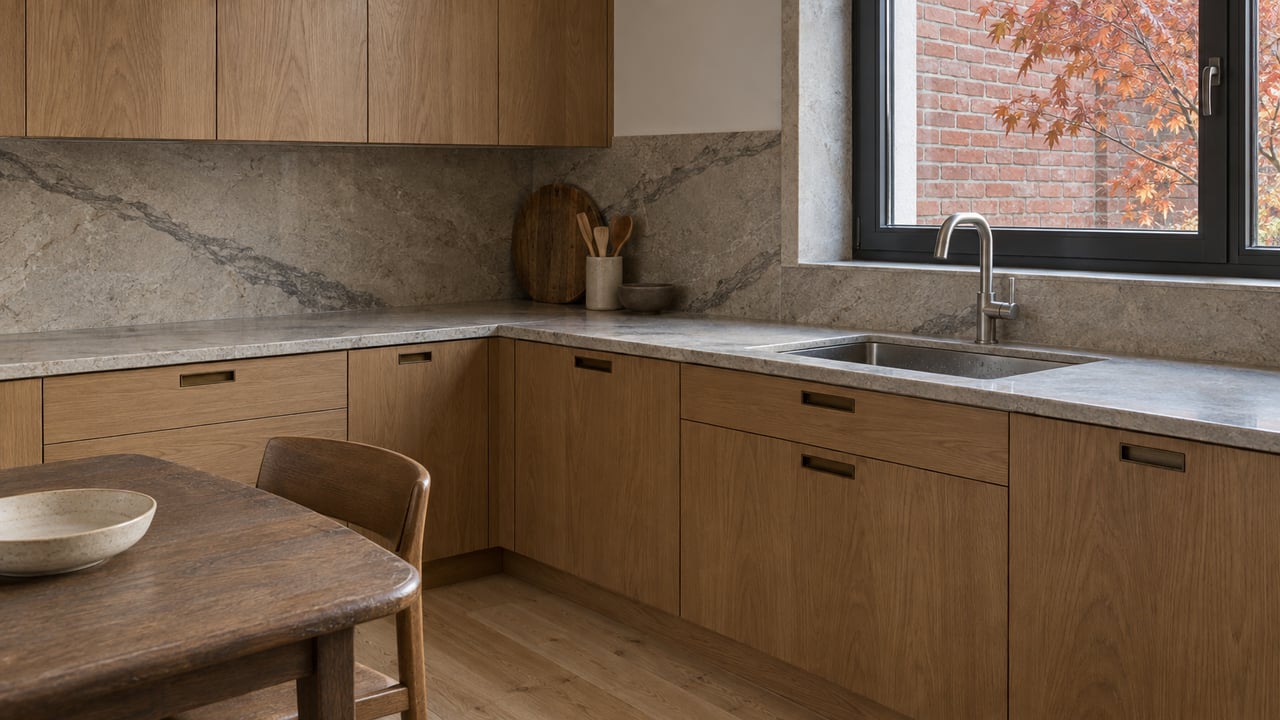 Oak cabinetry and a gray veined stone counter beside a closed window, with an oak dining table in the foreground.