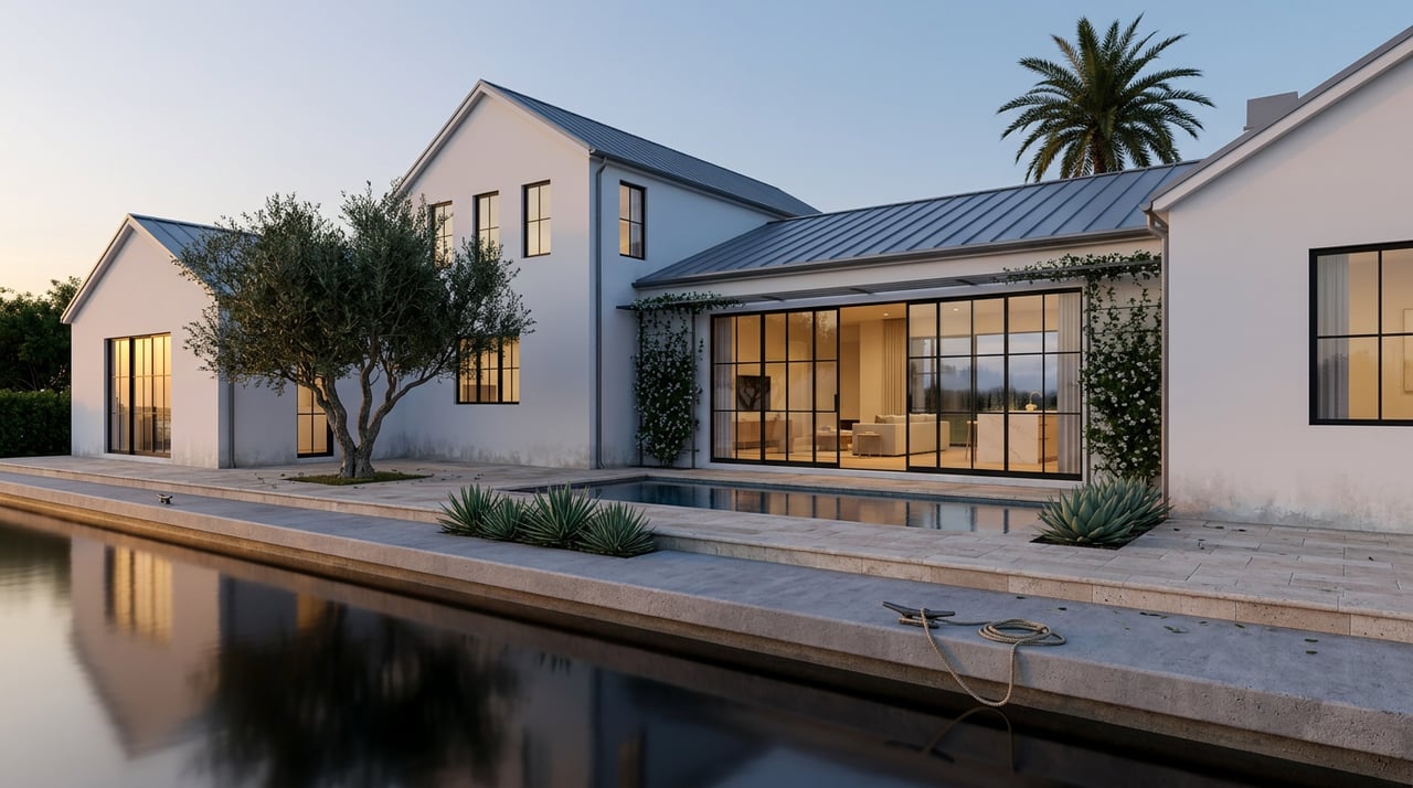 Coastal contemporary home across a calm tidal channel, with a dock, terrace, pool, and palm silhouetted at dusk.