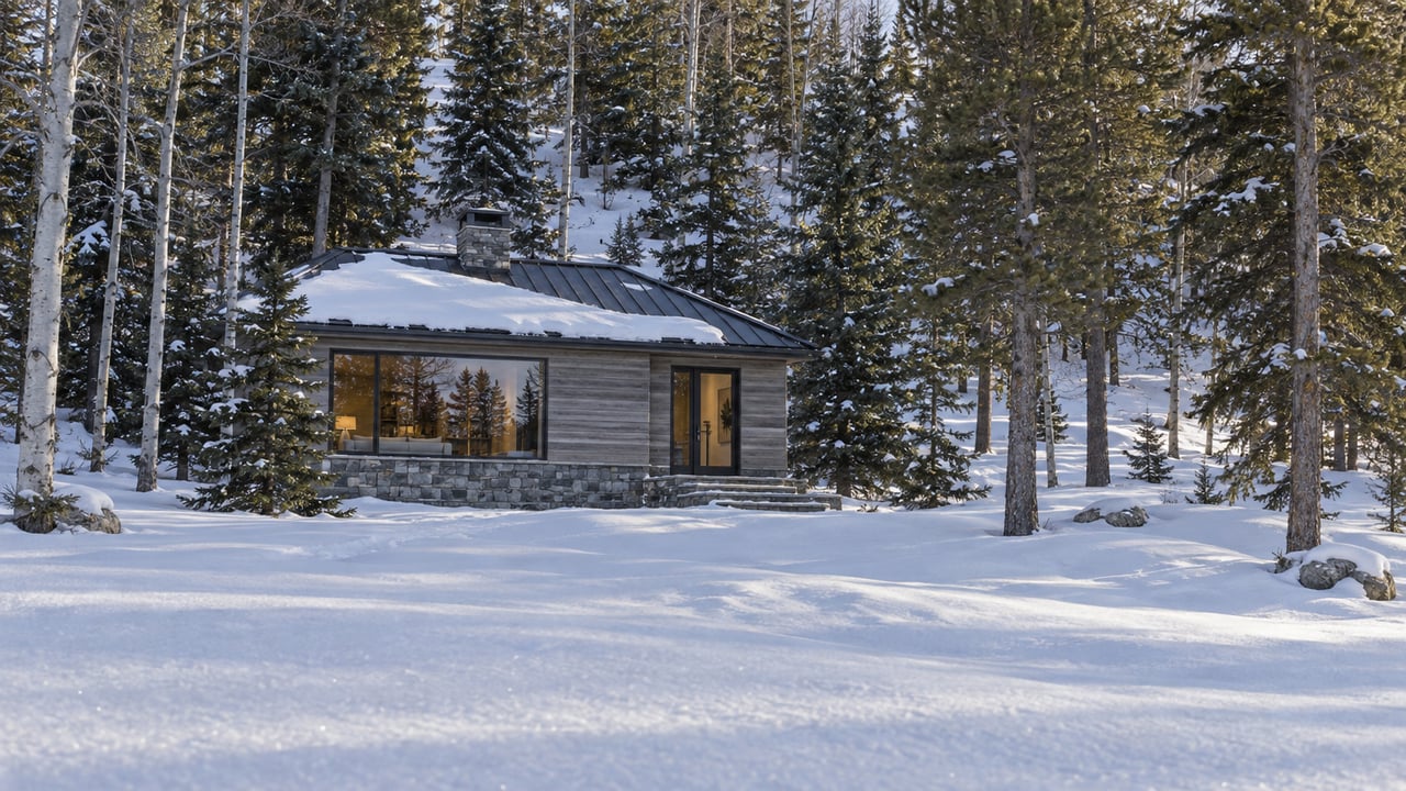 A small timber-and-stone mountain home sits among spruce, pine, and bare aspen above a softly drifted snow clearing.