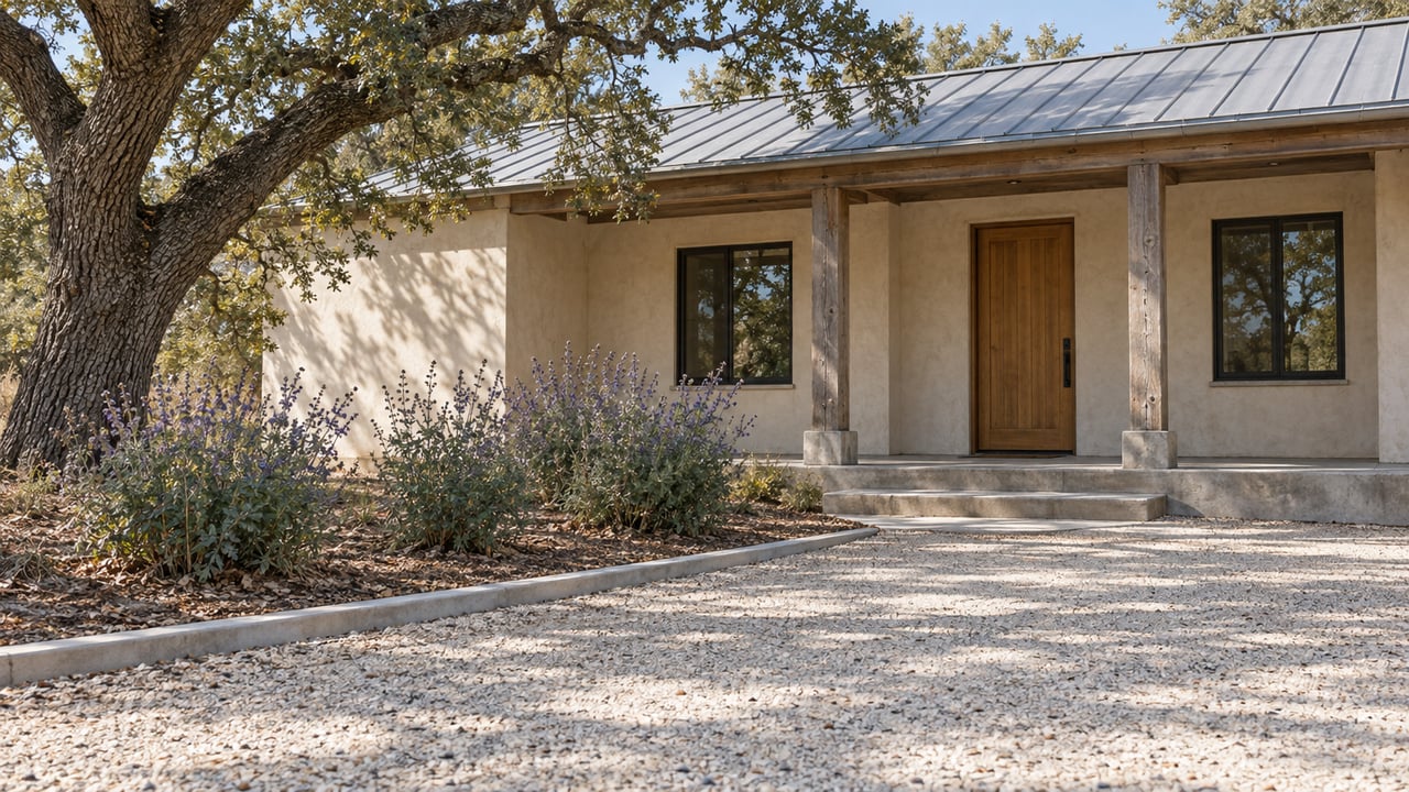 A single-story stucco country home with a metal roof, sheltered timber entry, broad gravel approach, and mature oak.