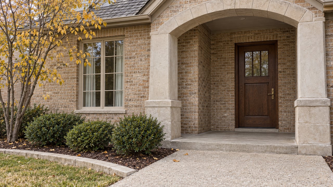 Buff brick home entrance with a limestone arch, dark oak door, pale concrete approach, and yellow-leaved redbud.